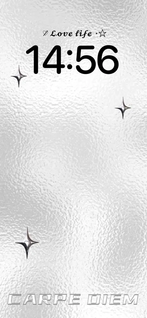 Silver frosted glass texture live wallpaper with chrome stars, digital clock, and Carpe Diem text for phone background.