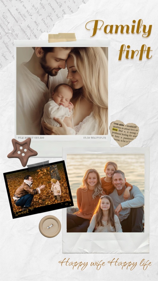 Vintage scrapbook photo collage with three family photo frames, ripped paper edges, and aesthetic button decorations.