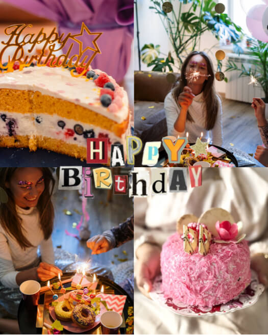 Collage de fotos de cumpleaños de 4 rejillas con pasteles, donas y texto de estilo recortes de revista que dice Happy Birthday.