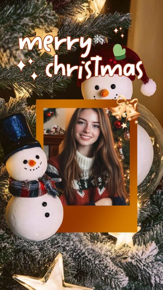Christmas photo collage template with a central gold frame, two snowmen, and evergreen branches with Merry Christmas text.