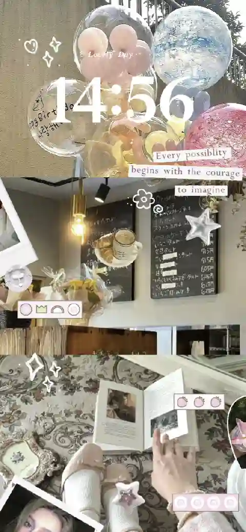 Anpassbare Collage-Hintergrundvorlage mit Ballons, Café-Szenen und Polaroid-Fotorahmen für Smartphones.