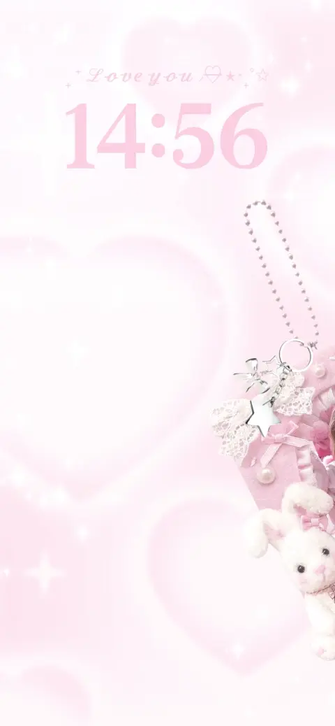 Modèle de fond d'écran personnalisable avec un lapin blanc, des cœurs roses et un style esthétique coquette.