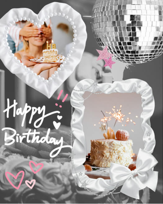 Plantilla de collage de cumpleaños con marco de corazón de perlas y marco de satén con lazo al lado de una bola de discoteca.