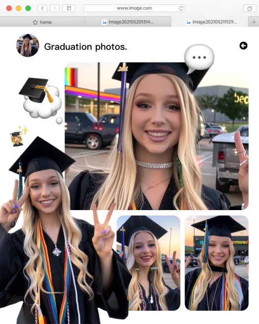 Eine Fotocollage-Vorlage zum Thema Abschlussfeier im Scrapbook-Stil mit Doktorhut-Stickern und Sprechblasen.