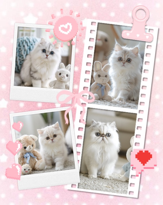 Pink kawaii collage template with kittens in filmstrip and polaroid frames, pixel hearts, and a bow on a starry background.